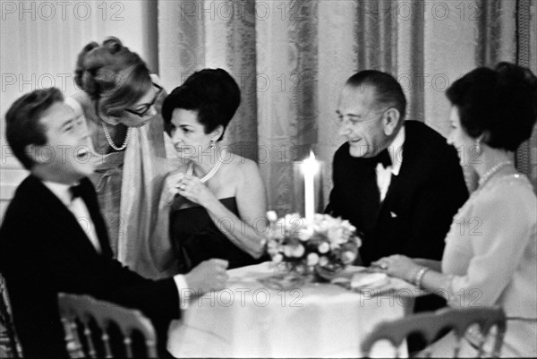 Antony Armstrong Jones, 1st Earl of Snowden (laughing), U.S. First Lady Claudia 'Lady Bird' Johnson, U.S. President Lyndon Johnson and Princess Margaret of Great Britain seated at table during visit, East Room, White House, Washington, D.C., USA, Yoichi Okamoto, November 17, 1965