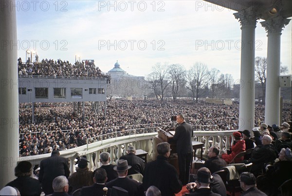 U.S. President Lyndon Johnson delivering his inaugural address, U.S. Capitol, Washington, D.C., USA, Cecil Stoughton, January 18, 1965