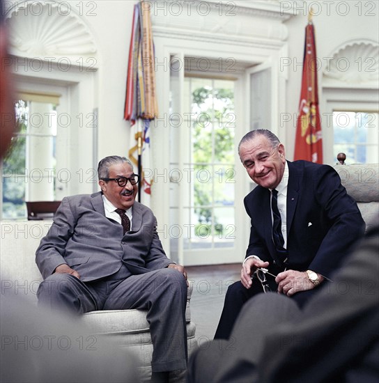 Thurgood Marshall with U.S. President Lyndon Johnson regarding announcement of Marshall's nomination as an Associate Justice of the Supreme Court of the United States, Oval Office, White House, Washington, D.C., USA, Frank Wolfe, June 13, 1967