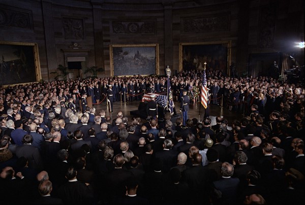 Former U.S. President Lyndon B. Johnson lying in state, U.S. President Richard M. Nixon, members of Congress, and others paying respects, President's Room, U.S. Capitol, Washington, D.C., USA,  Frank Wolfe, January 24, 1973