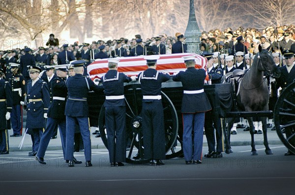 Funeral Procession of former U.S. President Lyndon Johnson, Caisson, Military Attendants, Riderless Horse, Washington, D.C., USA, Frank Wolfe, January 24, 1973