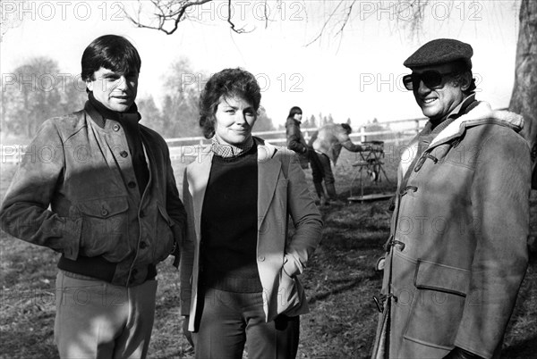 Sam Neill, Lisa Harrow and producer Harvey Bernhard, on-set of the film, "The Final Conflict", 20th Century-Fox, 1981