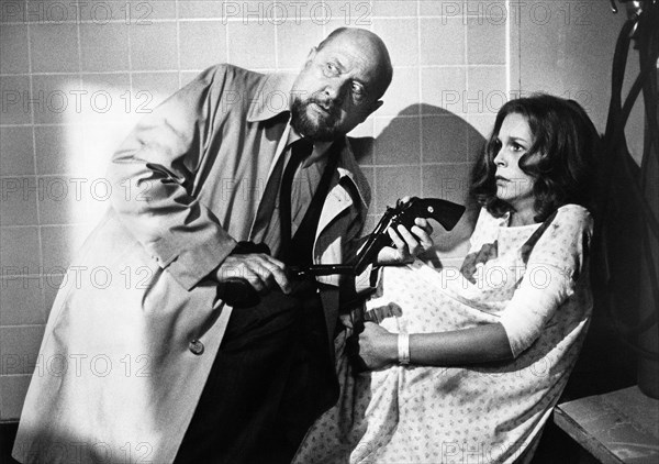 Donald Pleasence, Jamie Lee Curtis, on-set of the film, "Halloween II", Universal Pictures, 1981