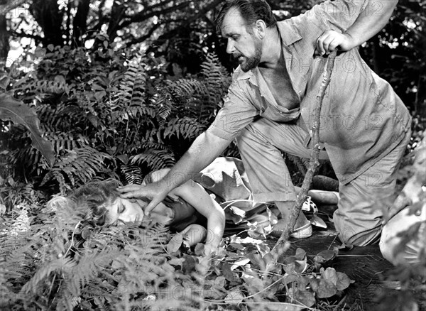 Abbey Heller, Michael DeBeausset, on-set of the film, "Honeymoon Of Horror", aka "Orgy Of The Golden Nudes", Manson Distributing Corporation, 1964