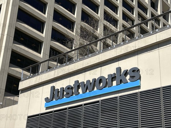 Justworks, exterior building sign, New York City, New York, USA