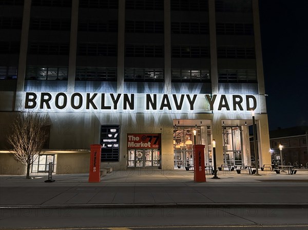 Brooklyn Navy Yard Building 77, building exterior at night, Brooklyn, New York City, New York, USA