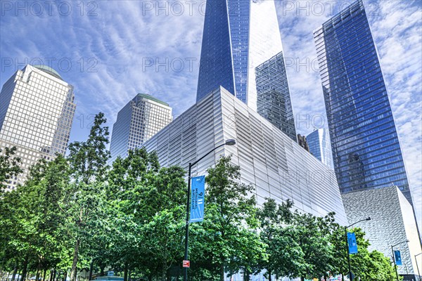 National September 11 Memorial Museum, Brookfield Place, One World Trade Center, Perelman Performing Arts Center, 7 World Trade Center, low angle view of building exterior, World Trade Center, New York City, New York, USA