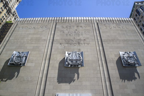 Brooklyn Battery Tunnel, low angle view of granite-faced monumental ventilation building, New York City, New York, USA