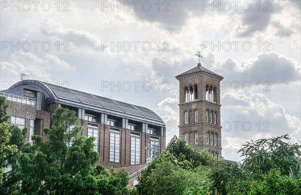 Judson Memorial Church,
Campanile (foreground and right), Furman Hall, New York University (left), Greenwich Village, New York City, New York, USA