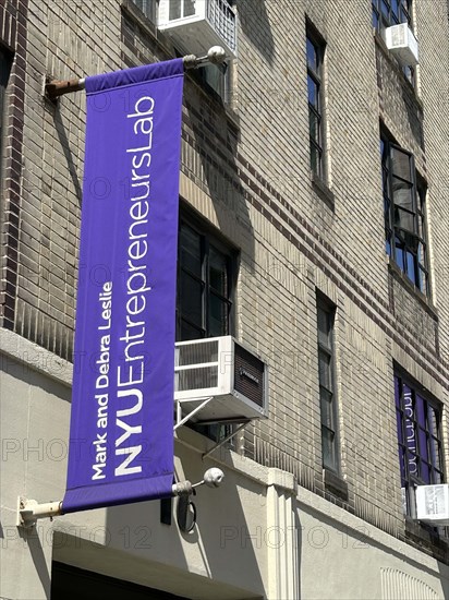 Mark and Debra Leslie NYU Entrepreneurs Lab, New York University, building exterior and banner, Greenwich Village, New York City, New York, USA