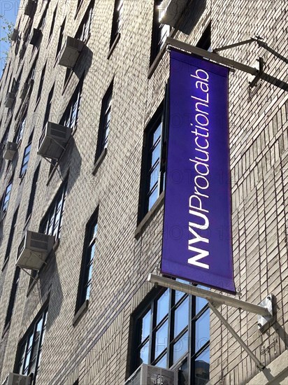 NYU Production Lab, building exterior and banner, New York University, New York City, New York, USA