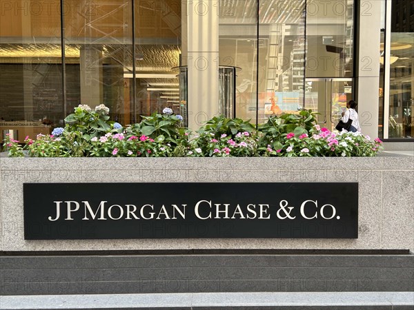 JPMorgan Chase & Co., company sign and building exterior, New York City, New York, USA