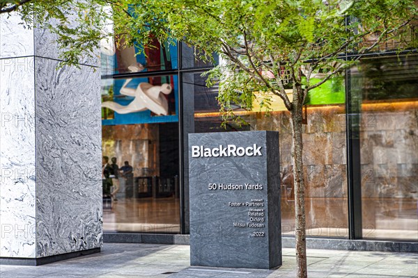 BlackRock, Inc., American international investment company, company sign outside building headquarters, 50 Hudson Yards, New York City, New York, USA