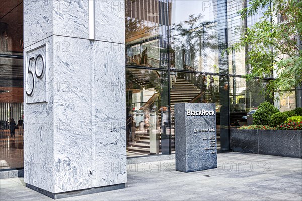 BlackRock, Inc., American international investment company, company sign outside building headquarters, 50 Hudson Yards, New York City, New York, USA