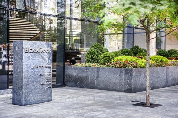 BlackRock, Inc., American international investment company, company sign and flower garden outside building headquarters, 50 Hudson Yards, New York City, New York, USA