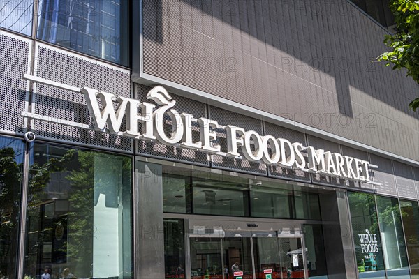 Whole Foods Market, store sign and building entrance, Hudson Yards, New York City, New York, USA