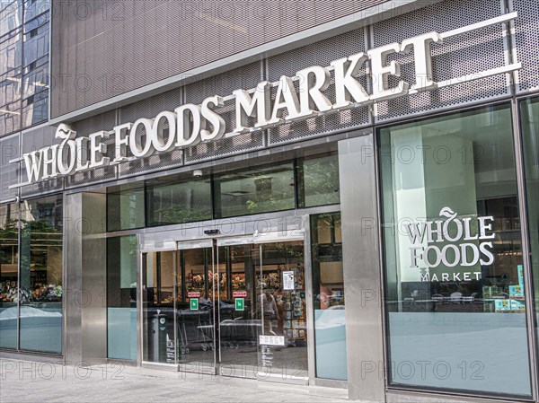 Whole Foods Market, store sign and building entrance, Hudson Yards, New York City, New York, USA