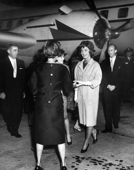 U.S. First Lady Jacqueline Kennedy returning from trip to Europe, Andrews Air Force Base, Maryland, USA, Abbie Rowe, White House Photographs, June 15, 1961