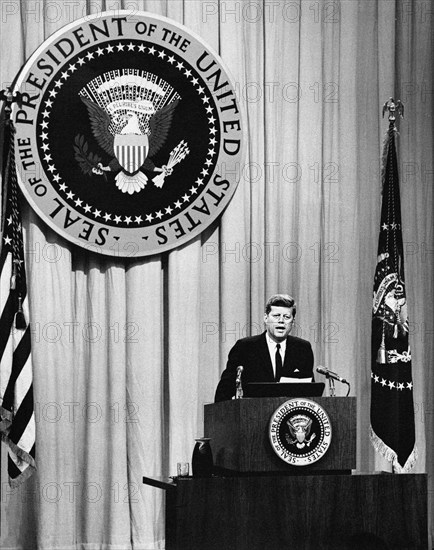 U.S. President John F. Kennedy at lectern during press conference, U.S. State Department Auditorium, Washington, D.C., USA, Abbie Rowe, White House Photographs, October 11, 1961