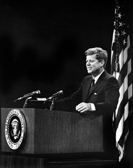 U.S. President John F. Kennedy at lectern during press conference, U.S. State Department Auditorium, Washington, D.C., USA, Abbie Rowe, White House Photographs, October 11, 1961