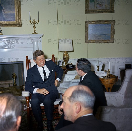 U.S. President John F. Kennedy meeting with Andrei Gromyko, Minister of Foreign Affairs of the Soviet Union, Oval Office, White House, Washington, D.C., USA, Abbie Rowe, White House Photographs, October 6, 1961