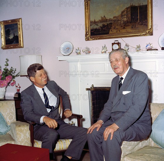 U.S. President John F. Kennedy meeting with UK Prime Minister Harold Macmillan inside Government House, Hamilton, Bermuda, Robert Knudsen, White House Photographs, December 22, 1961