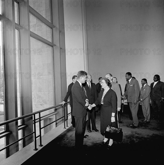 U.S. President John Kennedy greeting Israeli Foreign Minister Golda Meir at reception for delegates to the General Assembly of the United Nations (UN) at United Nations Headquarters, New York City, New York, USA, Cecil Stoughton, White House Photographs, September 25, 1961