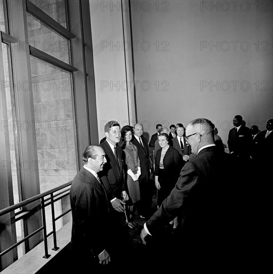 President of United Nations (UN) General Assembly Mongi Slim, U.S. President John Kennedy, First Lady Jacqueline Kennedy, U.S. Secretary of State Dean Rusk, and U.S. Ambassador to the UN Adlai Stevenson greeting Golda Meir, Foreign Minister of Israel, at reception for delegates to the General Assembly of the United Nations (UN) at United Nations Headquarters, New York City, New York, USA, Cecil Stoughton, White House Photographs, September 25, 1961