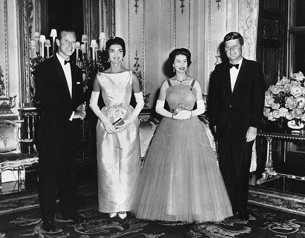 Prince Phillip, U.S. First Lady Jacqueline Kennedy, Queen Elizabeth II, and U.S. President John F. Kennedy, full length portrait, Buckingham Palace, London, England, UK, John F. Kennedy Presidential Library and Museum, June 5, 1961