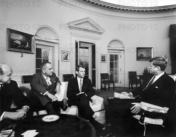 U.S. President John Kennedy meeting with U.S. Secretary of State Dean Rusk,  U.S. Vice President Lyndon B. Johnson and U.S. Attorney General Robert F. Kennedy following the Attorney  General's trip to Europe and Asia, White House, Washington, D.C., USA, Abbie Rowe, White House Photographs, February 28, 1962