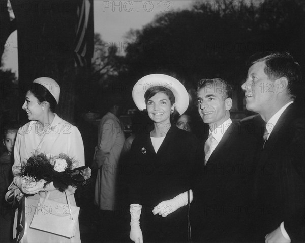 Empress Farah Pahlavi, U.S. First Lady Jacqueline Kennedy, Mohammad Reza Pahlavi, Shah of Iran and U.S. President John Kennedy arriving at Blair House, Washington, D.C., USA, Abbie Rowe, White House Photographs, April 11, 1962