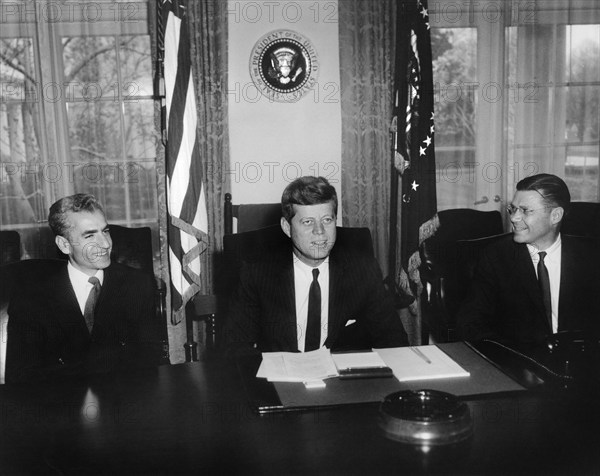 Mohammad Reza Pahlavi, Shah of Iran, U.S. President John Kennedy and U.S. Secretary of Defense Robert S. McNamara during meeting in Cabinet Room at White House, Washington, D.C., USA, Abbie Rowe, White House Photographs, April 13, 1962