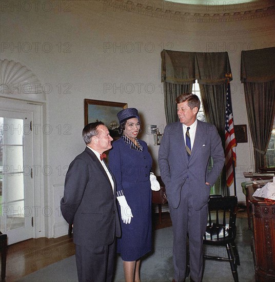 U.S. President John F. Kennedy visiting with American singer Marian Anderson and her accompanist Franz Rupp, Oval Office, White House, Washington, D.C., USA, Robert Knudsen, White House Photographs, March 22, 1962