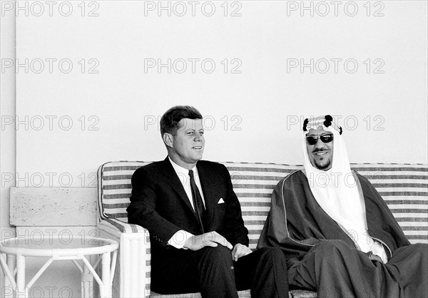 U.S. President John F. Kennedy visiting Saud bin Abdul-Aziz Al Saud, King of Saudi Arabia at the residence of Jean Flagler Gonzalez, where King Saud stayed following surgery, Palm Beach, Florida, USA, Cecil Stoughton, White House Photographs, January 27, 1962