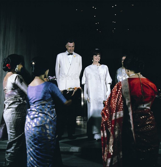 U.S. First Lady Jacqueline Kennedy and U.S. Ambassador to India John Kenneth Galbraith with his wife Kitty Galbraith, attending reception at U.S. Embassy, New Delhi, Delhi, India, Cecil Stoughton, White House Photographs, March 20, 2962