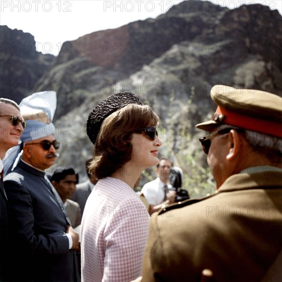 U.S. First Lady Jacqueline Kennedy with Walter P. McConaughy, U.S. Ambassador to Pakistan and Malik Amir Mohammad Khan, Governor of West Pakistan,  during visit to the Khyber Pass, Khyber Pakhtunkhwa, Pakistan, Cecil Stoughton, White House Photographs, March 24, 1962