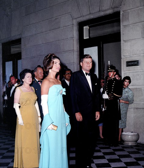 U.S. President John F. Kennedy and U.S. First Lady Jacqueline Kennedy attend reception at Ministry of Foreign Relations, Mexico City, Mexico, Robert Knudsen, White House Photographs, June 30, 1962