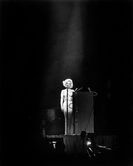 American actress Marilyn Monroe performing at Democratic Party fund-raising dinner and birthday salute to U.S. President John F. Kennedy, Madison Square Garden, New York City, New York, USA, Cecil Stoughton, White House Photographs, May 19, 1962