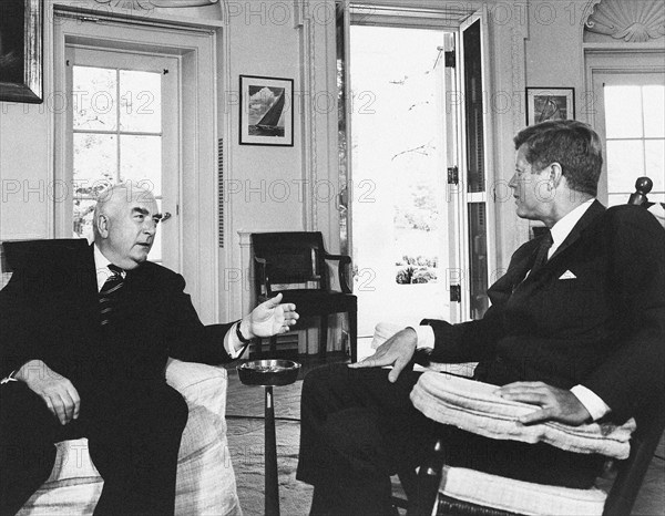 U.S. President John F. Kennedy (in rocking chair) meeting with Prime Minister of Australia, Robert G. Menzies, Oval Office, White House, Washington, D.C., USA, Abbie Rowe, White House Photographs, September 25, 1962