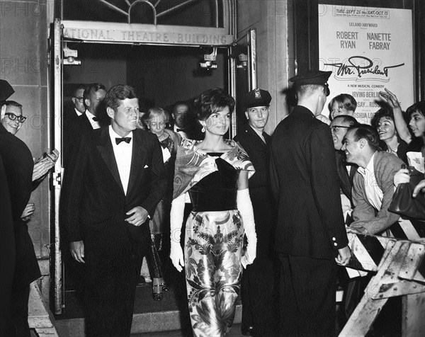 U.S. President John F. Kennedy and U.S. First Lady Jacqueline Kennedy departing National Theatre following the premiere performance of the musical, “Mr. President”, Washington, D.C., USA, Abbie Rowe, White House Photographs, September 25, 1962