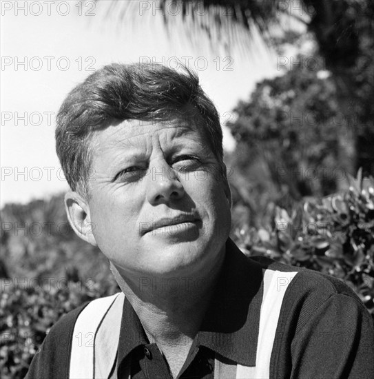 Head and shoulders portrait of U.S. President John Kennedy in casual shirt, Palm Beach, Florida, USA, Cecil Stoughton, White House Photographs, January 7, 1963