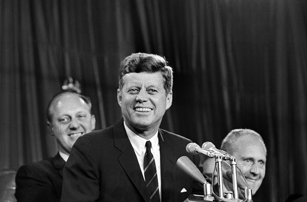 U.S. President John F. Kennedy delivering remarks to Democratic precinct captains during a congressional campaign trip, Arie Crown Theater at McCormick Place, Chicago, Illinois, USA, Cecil Stoughton, White House Photographs, October 19, 1962