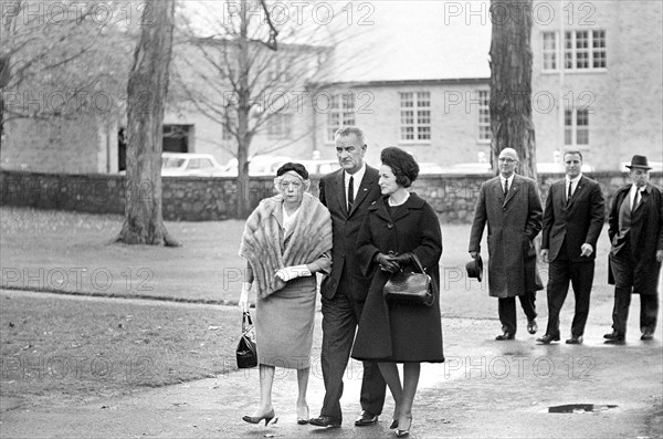 U.S. Vice President Lyndon Johnson and his wife Claudia "Lady Bird" Johnson (right), attending funeral of former U.S. First Lady Eleanor Roosevelt, Hyde Park, New York, USA, Abbie Rowe, White House Photographs, November 10, 1962