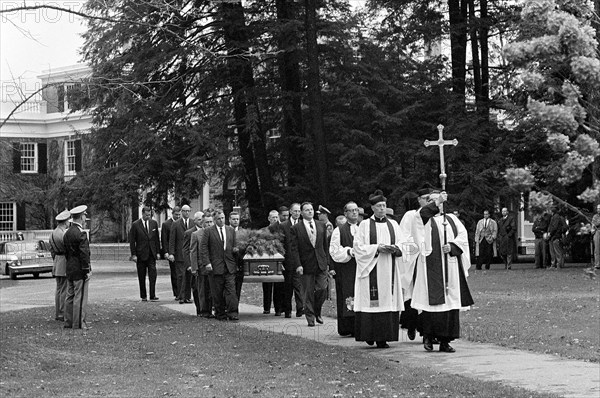 Members of clergy leading pallbearers carrying casket of former U.S. First Lady Eleanor Roosevelt during Funeral services, Hyde Park, New York, USA, Abbie Rowe, White House Photographs, November 10, 1962