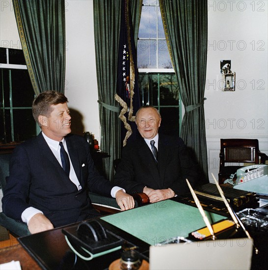 U.S. President John F. Kennedy meeting with Chancellor of West Germany, Dr. Konrad Adenauer, Oval Office, White House, Washington, D.C., USA, Cecil Stoughton, White House Photographs, November 14, 1962