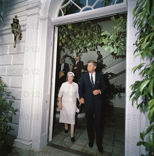 U.S. President John F. Kennedy and Foreign Minister of Israel, Golda Meir (center left), depart residence of C. Michael Paul following a meeting, Palm Beach, Florida, USA, Cecil Stoughton, White House Photographs, December 27, 1962