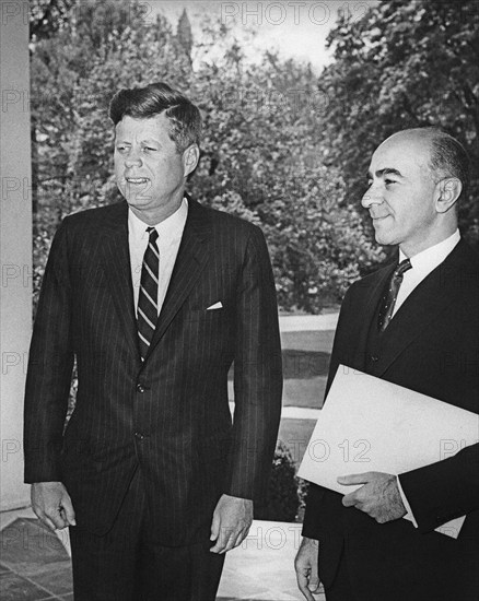 U.S. President John F. Kennedy meeting with newly-appointed Ambassador of Iran, Mahmoud Foroughi, West Wing of White House, Washington, D.C., USA, Abbie Rowe, White House Photographs, April 14, 1963