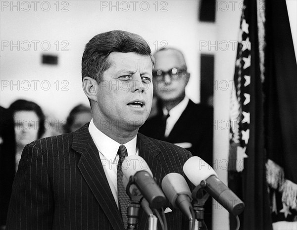 U.S. President John F. Kennedy delivering remarks at military reception in honor of recipients of Congressional Medal of Honor, South Portico, White House, Washington, D.C., USA, Abbie Rowe, White House Photographs, May 2, 1963