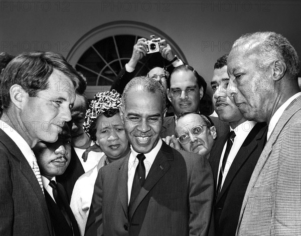 U.S. Attorney General Robert F. Kennedy meeting with civil rights leaders Martin Luther King, Jr., Dorothy Height, Roy Wilkins, Whitney M. Young, A. Philip Randolph, Rose Garden, White House, Washington, D.C., USA, Abbie Rowe, White House Photographs, June 22,1963