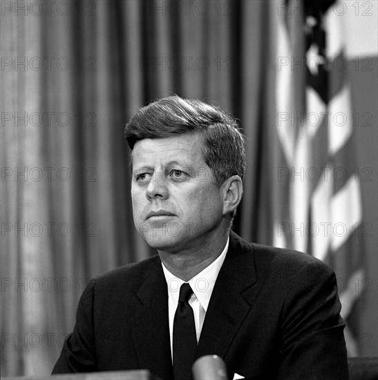 U.S. President John F. Kennedy delivering radio and television address to the nation regarding desegregation at the University of Alabama, Oval Office, White House, Washington, D.C. Cecil Stoughton, White House Photographs, June 11, 1963